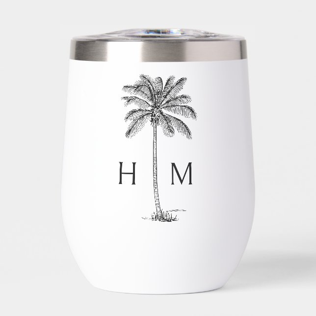 Black and White Palm Palmetto Tree Monogram Thermal Wine Tumbler (Front)