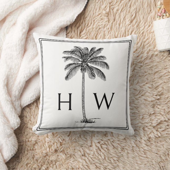 Black and White Palm Palmetto Tree Monogram Throw Pillow (Blanket)