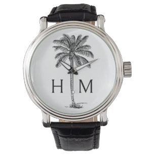 Black and White Palm Palmetto Tree Monogram Watch