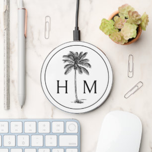 Black and White Palm Palmetto Tree Monogram Wireless Charger