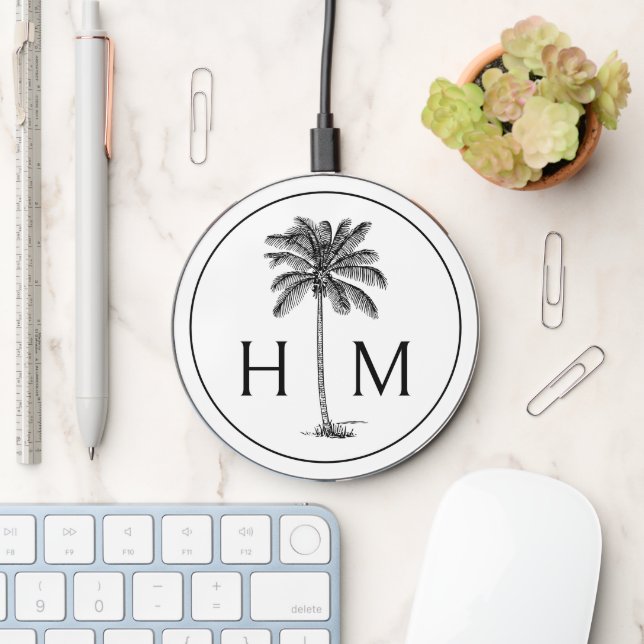 Black and White Palm Palmetto Tree Monogram Wireless Charger (Desk)