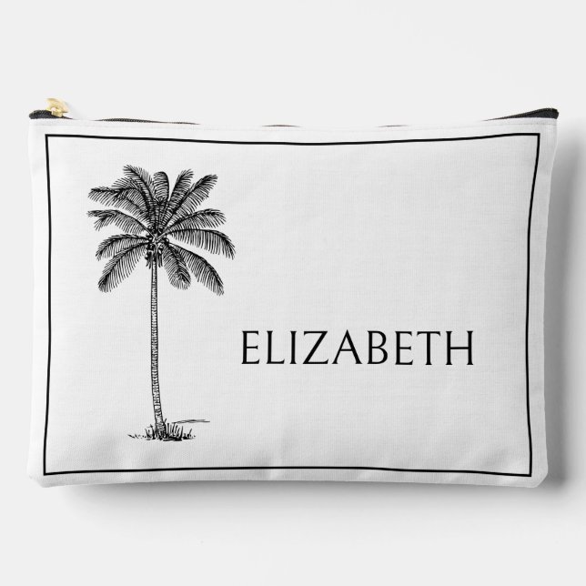 Black and White Palm Palmetto Tree Personalized Accessory Pouch (Front)