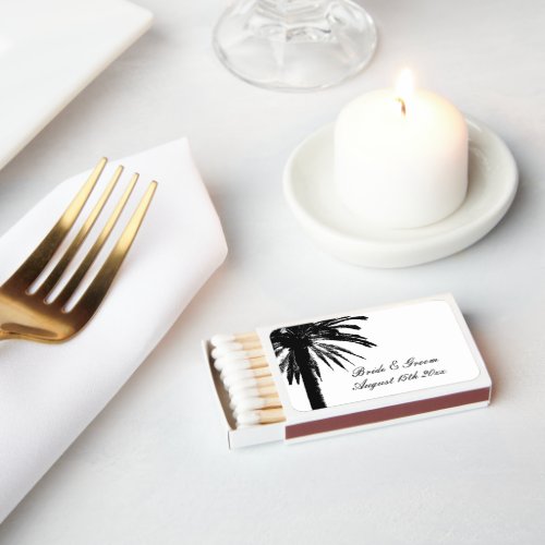 Black and white palm tree wedding logo custom matchboxes