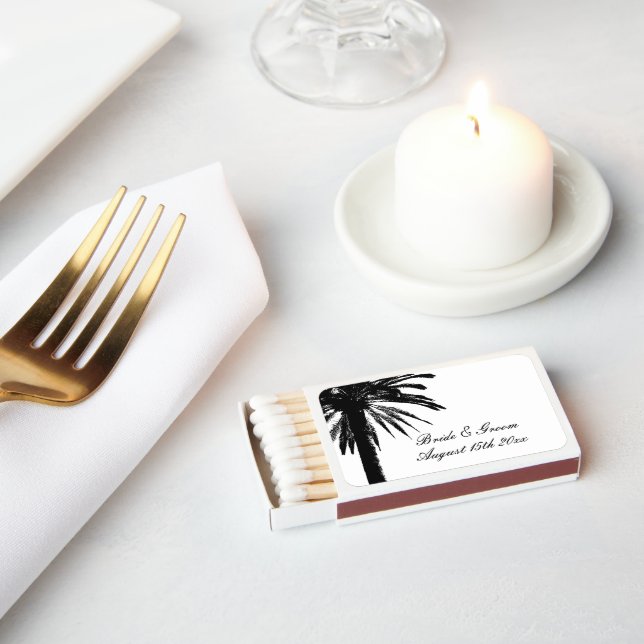 Black and white palm tree wedding logo custom matchboxes (Insitu)