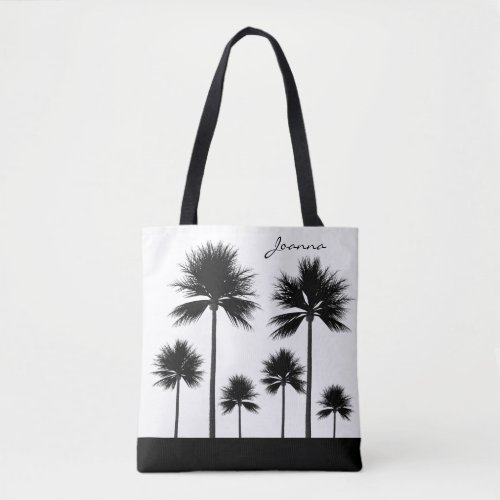 Black and White Palm Tree with Name Beach Tote Bag