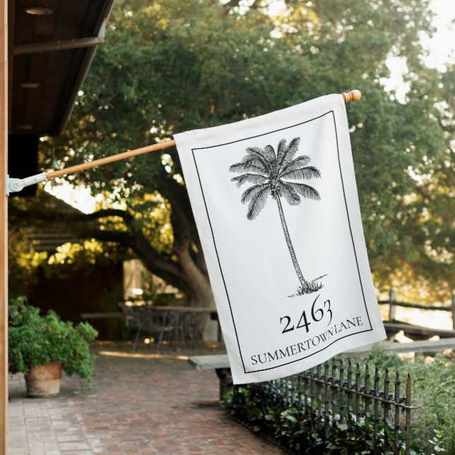 Black and White Palmetto Palm Tree Personalized House Flag (In SItu)