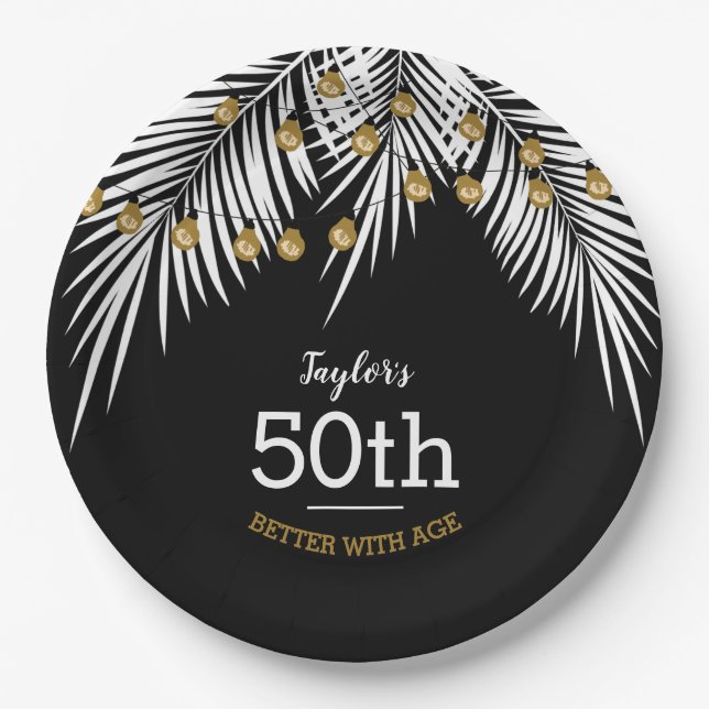 Black and White Palms 50th Birthday Party Paper Plates (Front)