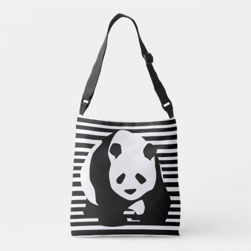 Black and White Panda and Stripes Crossbody Bag