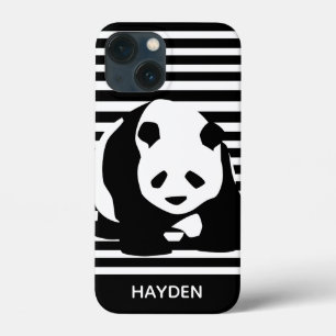 Black and White Panda and Stripes Personalised iPhone 13 Mini Case