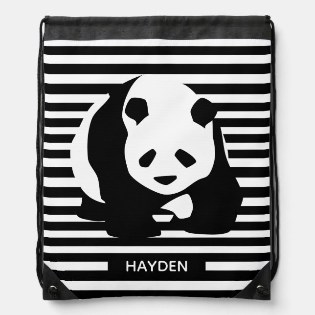 Black and White Panda and Stripes Personalised Drawstring Bag (Front)