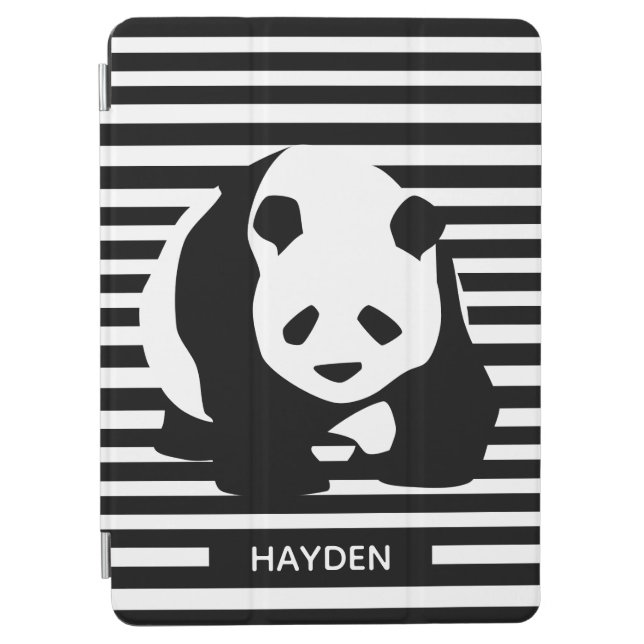 Black and White Panda and Stripes Personalised iPad Air Cover (Front)