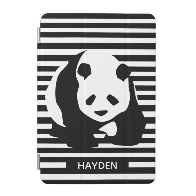 Black and White Panda and Stripes Personalised iPad Mini Cover (Front)