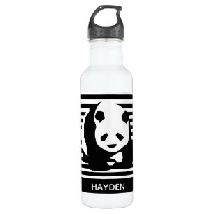Black and White Panda and Stripes Personalised Stainless Steel Water Bottle