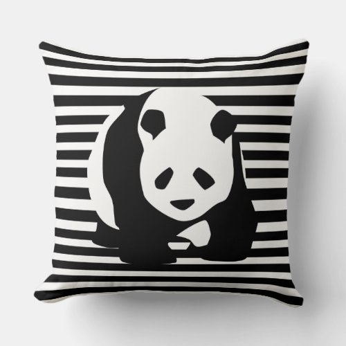 Black and White Panda and Stripes  Throw Pillow