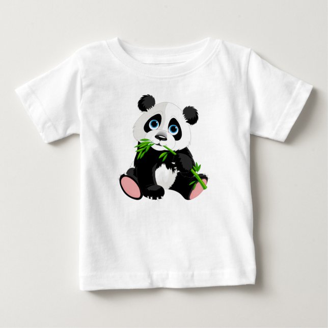 Black and White Panda Bear Eating Green Bamboo Baby T-Shirt (Front)