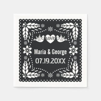 Black and white papel picado love birds wedding napkins