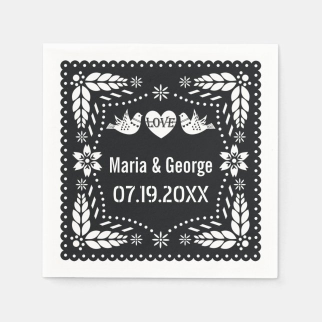 Black and white papel picado love birds wedding napkins (Front)