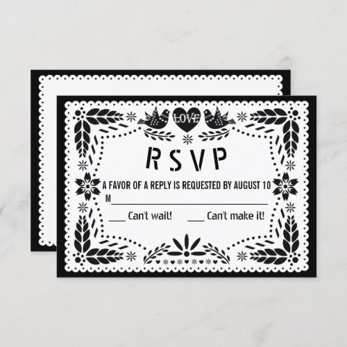 Black and white papel picado love birds wedding RSVP card