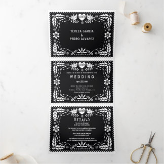 Black and white papel picado love birds wedding Tri-Fold invitation