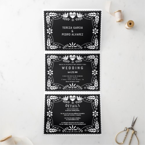 Black and white papel picado love birds wedding Tri_Fold invitation