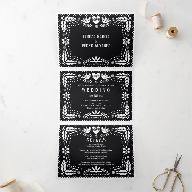 Black and white papel picado love birds wedding Tri-Fold invitation (Inside)