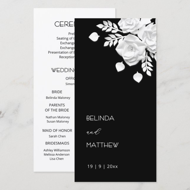 Black And White Paper Cut Roses  | Wedding Program (Front/Back)