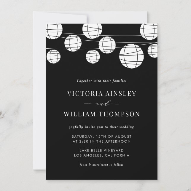 Black and White Paper Lanterns Wedding Invitation (Front)