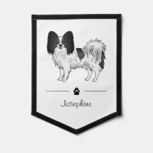 Black And White Papillon Cartoon Dog With Name Pennant
