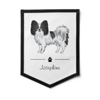 Black And White Papillon Cartoon Dog With Name Pennant