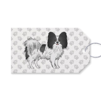 Black And White Papillon Cartoon Dog With Paws Gift Tags