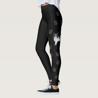 Black And White Papillon Cartoon Dog With Paws Leggings
