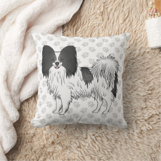 Black And White Papillon Cartoon Dog With Paws Throw Pillow