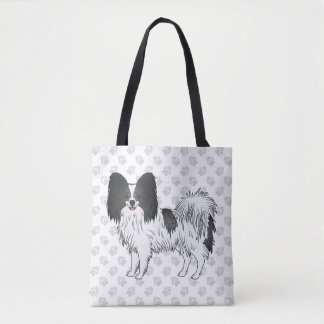 Black And White Papillon Cartoon Dog With Paws Tote Bag