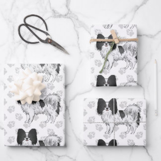Black And White Papillon Cartoon Dogs With Paws Wrapping Paper Sheets