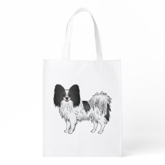 Black And White Papillon Cute Cartoon Dog Design Grocery Bag