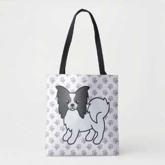 Black And White Papillon Cute Cartoon Dog &amp; Paws Tote Bag