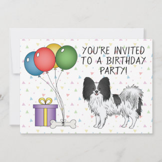 Black And White Papillon Cute Dog - Birthday Invitation