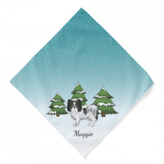 Black And White Papillon Cute Dog In Winter Forest Bandana