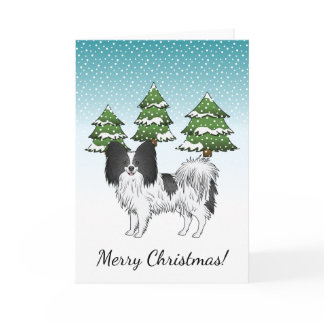 Black And White Papillon Cute Dog In Winter Forest Card