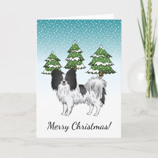 Black And White Papillon Cute Dog In Winter Forest Card