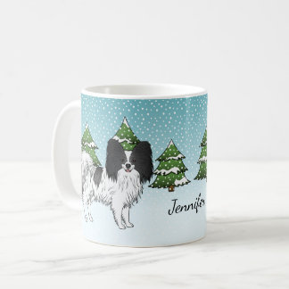 Black And White Papillon Cute Dog In Winter Forest Coffee Mug