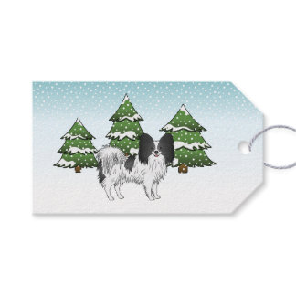 Black And White Papillon Cute Dog In Winter Forest Gift Tags