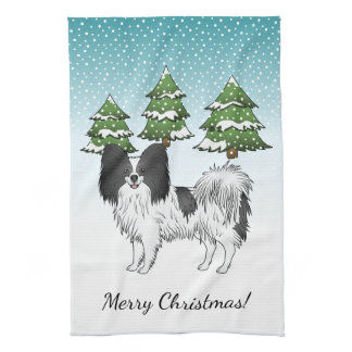Black And White Papillon Cute Dog In Winter Forest Kitchen Towel