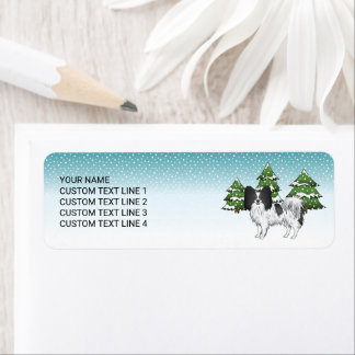 Black And White Papillon Cute Dog In Winter Forest Label
