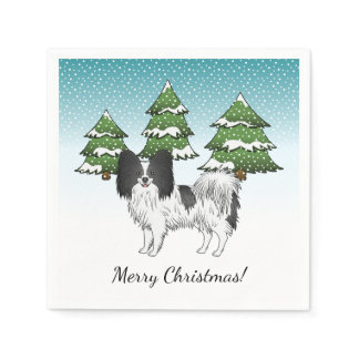 Black And White Papillon Cute Dog In Winter Forest Napkins