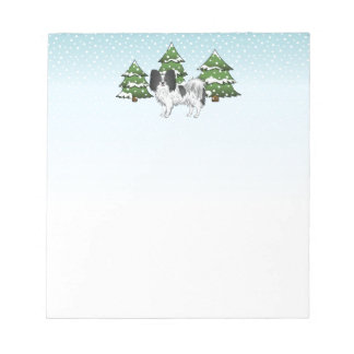 Black And White Papillon Cute Dog In Winter Forest Notepad