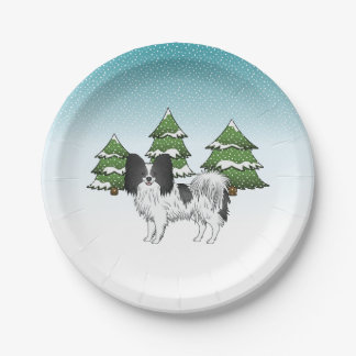 Black And White Papillon Cute Dog In Winter Forest Paper Plates