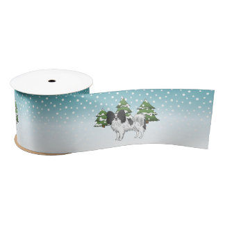 Black And White Papillon Cute Dog In Winter Forest Satin Ribbon