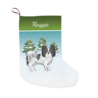 Black And White Papillon Cute Dog In Winter Forest Small Christmas Stocking