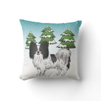Black And White Papillon Cute Dog In Winter Forest Throw Pillow